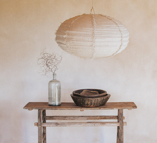 boho halo round 60cm fringed linen designer lightshade pendant light bamboo and natural linen fabric