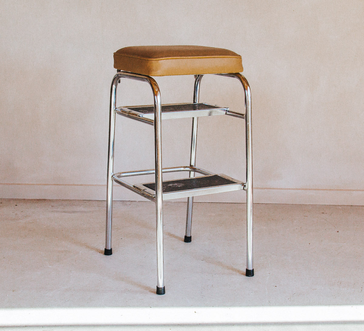 vintage retro chrome step stool with mustrad vinyl seat