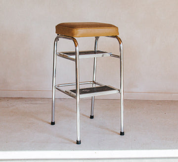vintage retro chrome step stool with mustrad vinyl seat