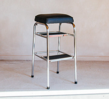vintage retro chrome step stool with black vinyl seat