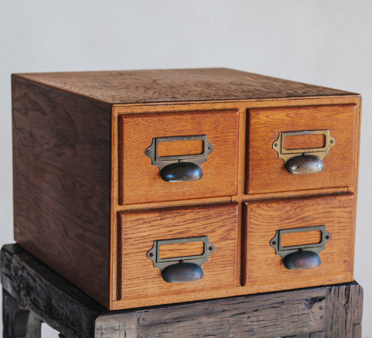 vintage boho retro oak library catalogue filing drawers with metal brass handles