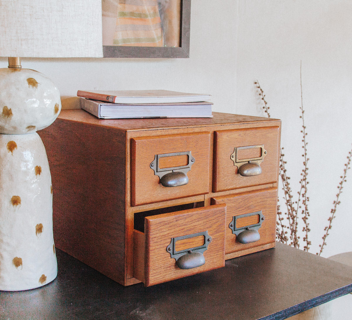 vintage boho retro oak library catalogue filing drawers with metal brass handles