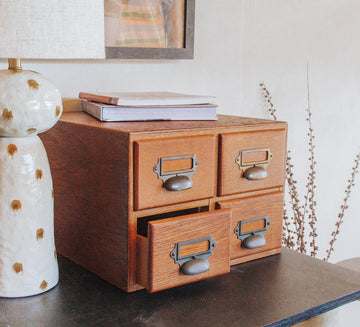 vintage boho retro oak library catalogue filing drawers with metal brass handles