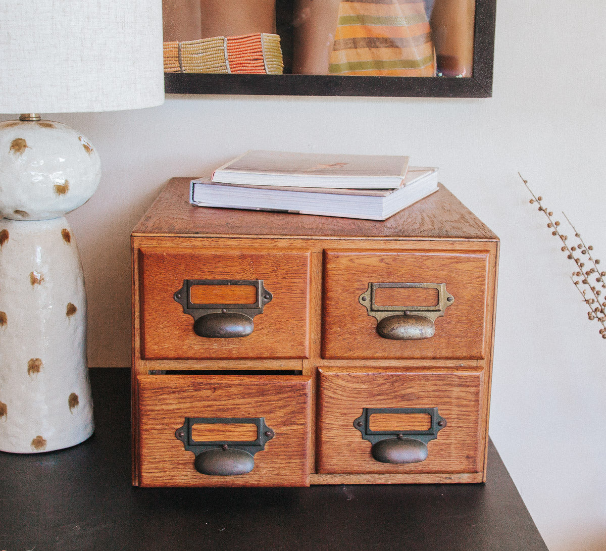 vintage boho retro oak library catalogue filing drawers with metal brass handles