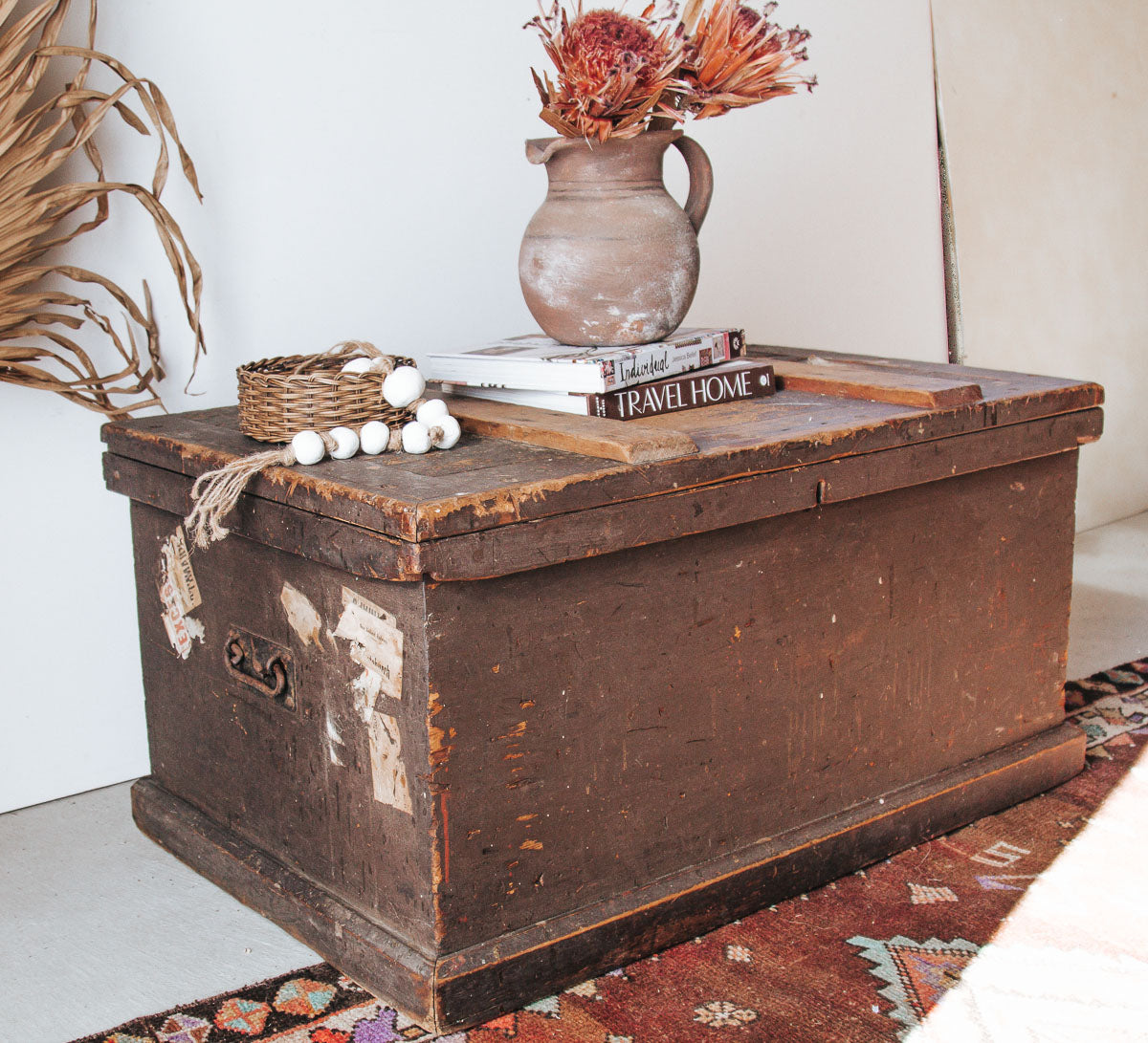 vintage chest wooden boho storage travel trunk side table coffee table