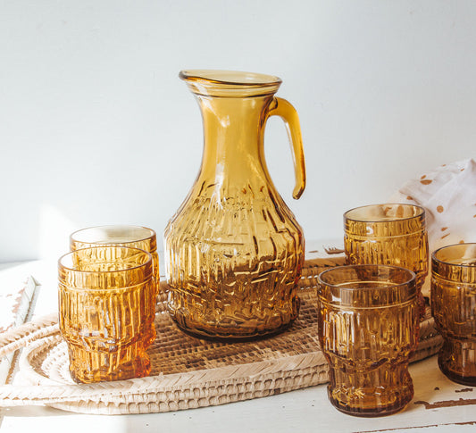 vintage ambergold decanter jug and glasses 