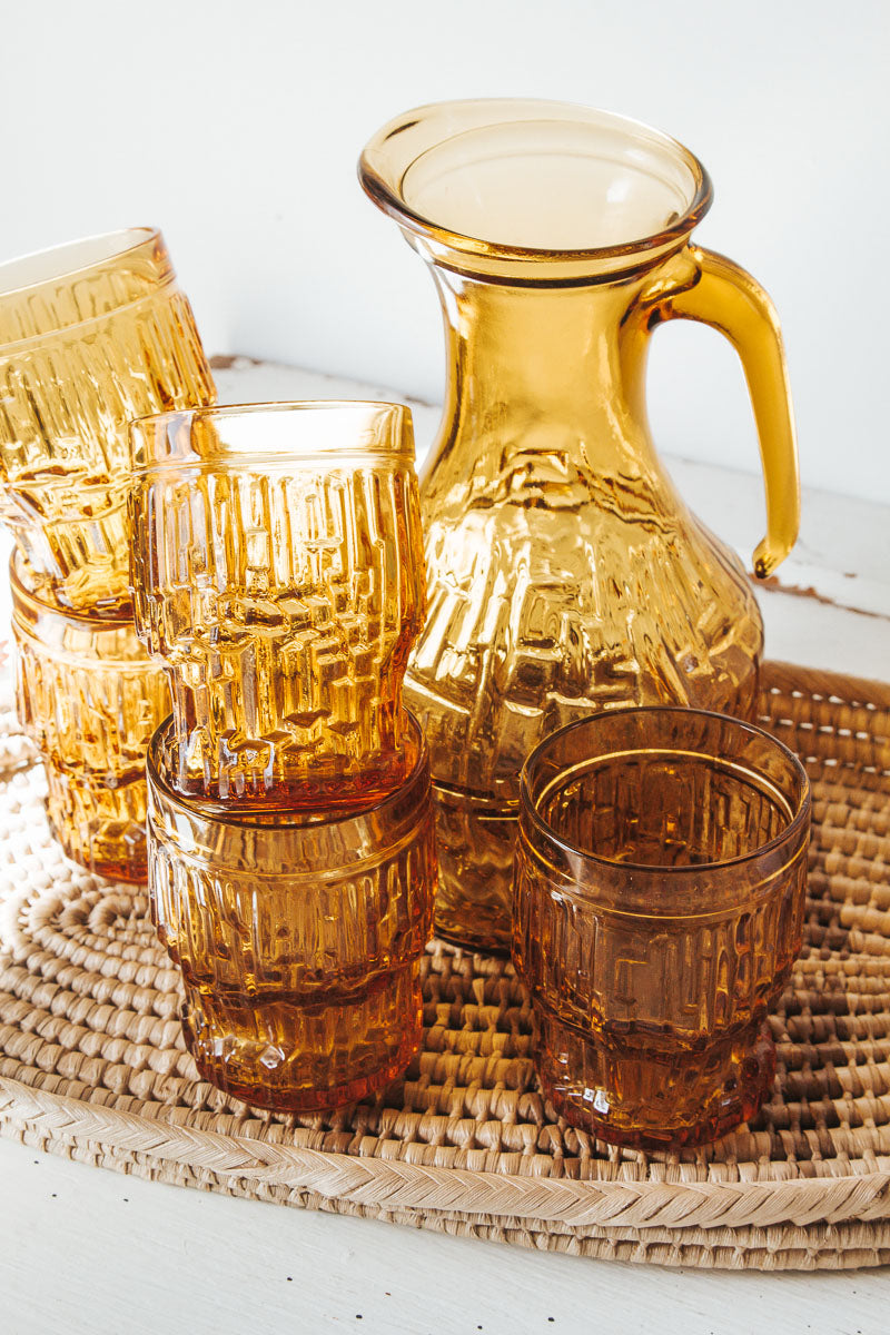 vintage ambergold decanter jug and glasses 