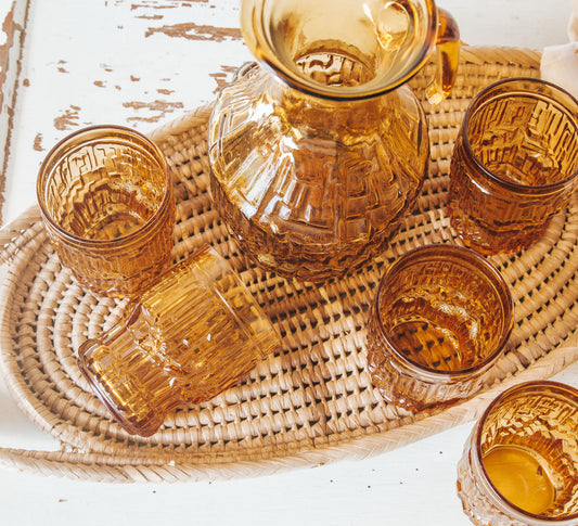 vintage ambergold decanter jug and glasses 