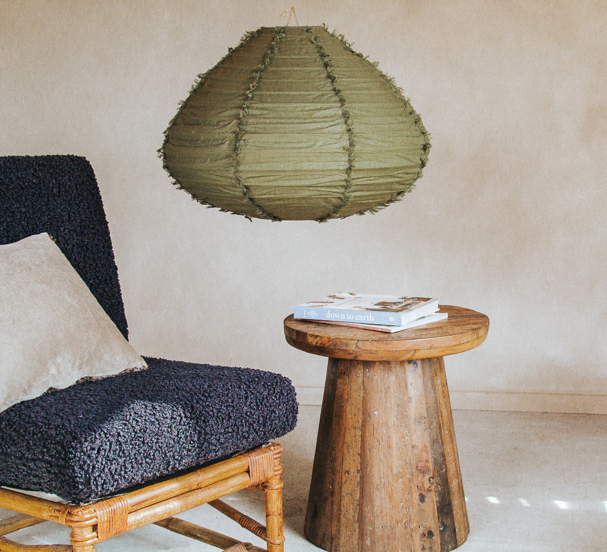 boho halo round 60cm fringed linen designer lightshade pendant light bamboo and natural linen olive green  fabric