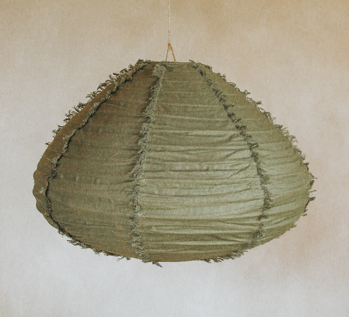 boho halo round 60cm fringed linen designer lightshade pendant light bamboo and natural linen olive green  fabric