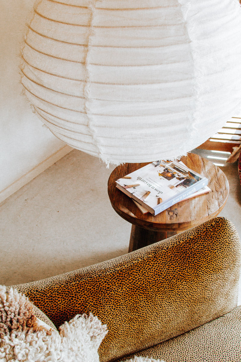 boho halo round 60cm fringed linen designer lightshade pendant light bamboo and natural linen fabric