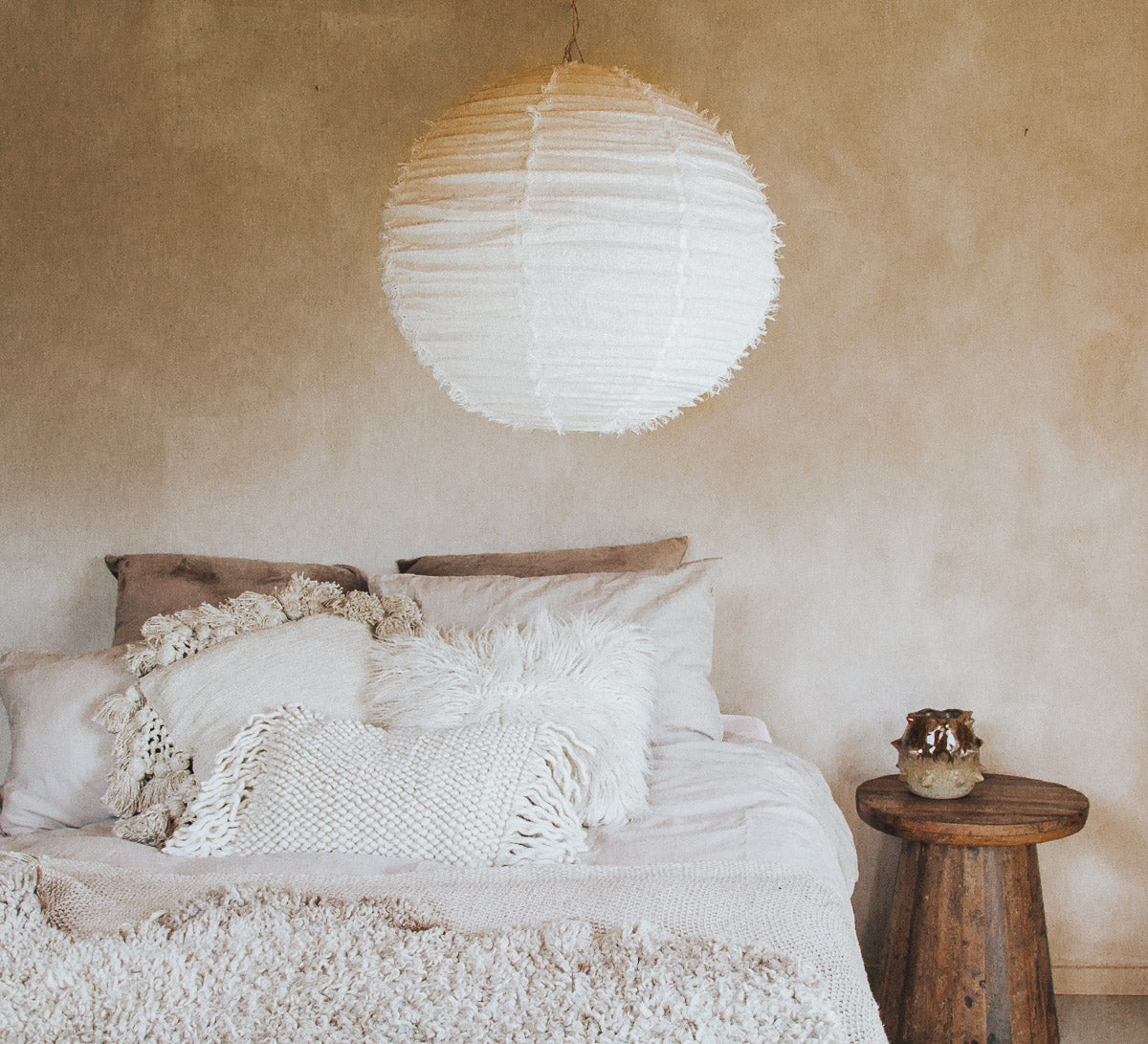 boho halo round 60cm fringed linen designer lightshade pendant light bamboo and natural linen fabric