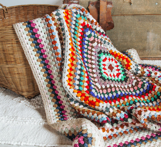 vintage retro crochet wool blanket in bright colours