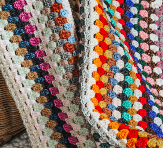 vintage retro crochet wool blanket in bright colours