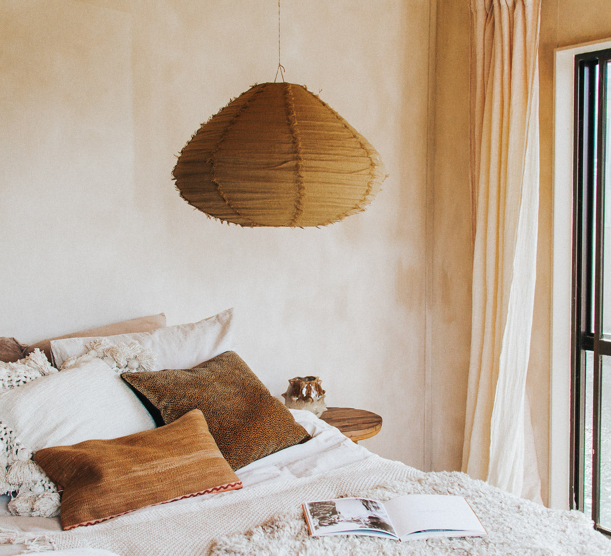 boho halo round 60cm fringed linen designer lightshade pendant light bamboo and natural linen bronze gold  fabric