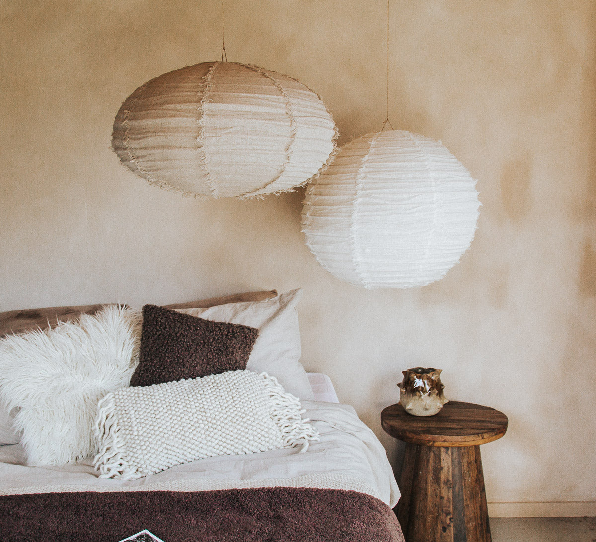 boho halo round 60cm fringed linen designer lightshade pendant light bamboo and natural linen fabric