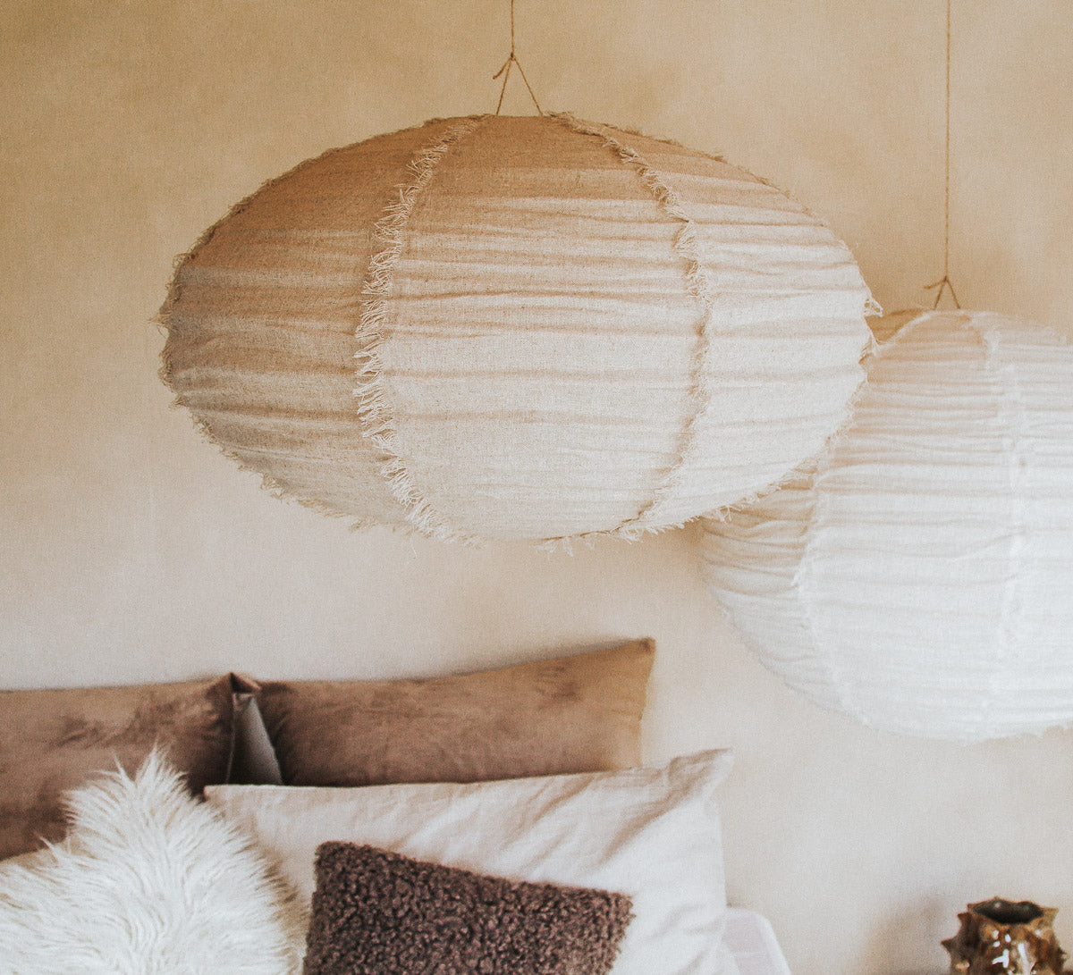 boho halo round 60cm fringed linen designer lightshade pendant light bamboo and natural linen fabric