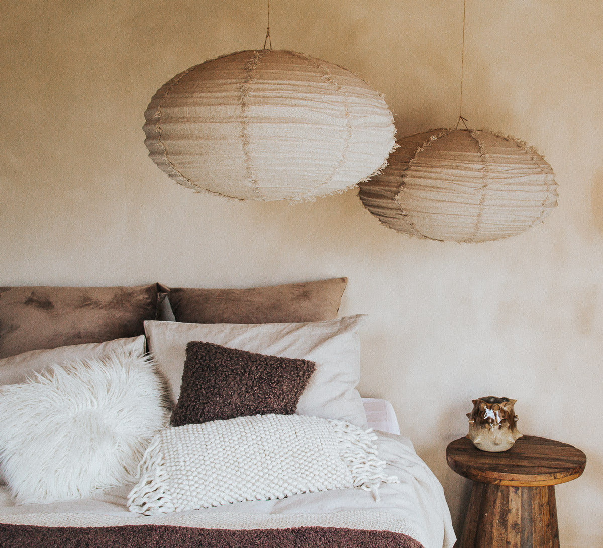 boho halo round 60cm fringed linen designer lightshade pendant light bamboo and natural linen fabric