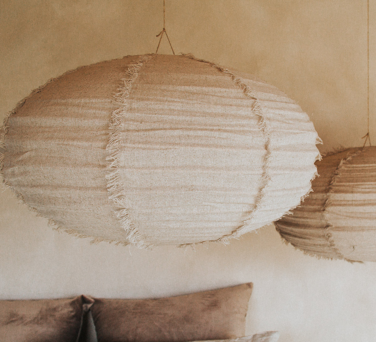 boho halo round 60cm fringed linen designer lightshade pendant light bamboo and natural linen fabric