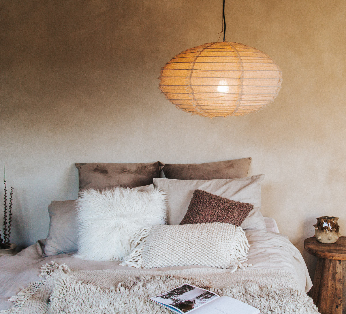 boho halo round 60cm fringed linen designer lightshade pendant light bamboo and natural linen fabric