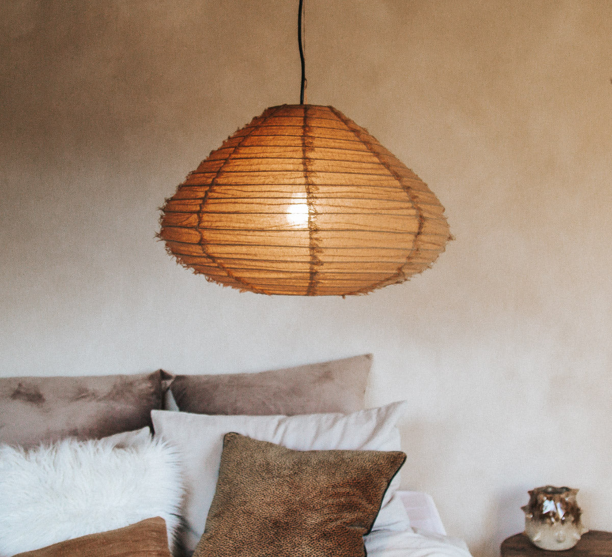 boho halo round 60cm fringed linen designer lightshade pendant light bamboo and natural linen bronze gold  fabric