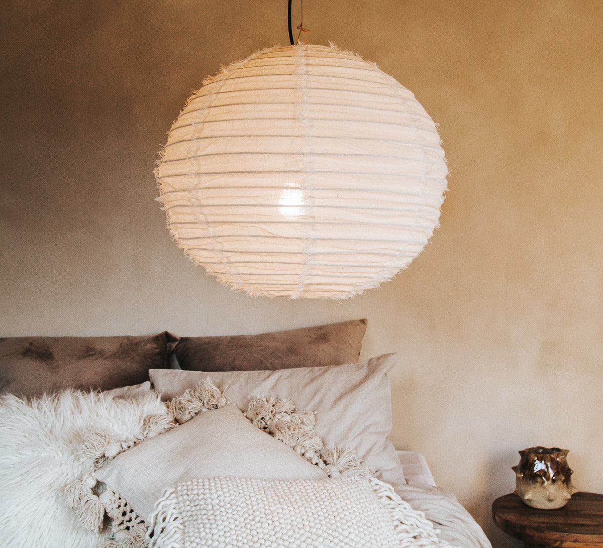 boho halo round 60cm fringed linen designer lightshade pendant light bamboo and natural linen fabric