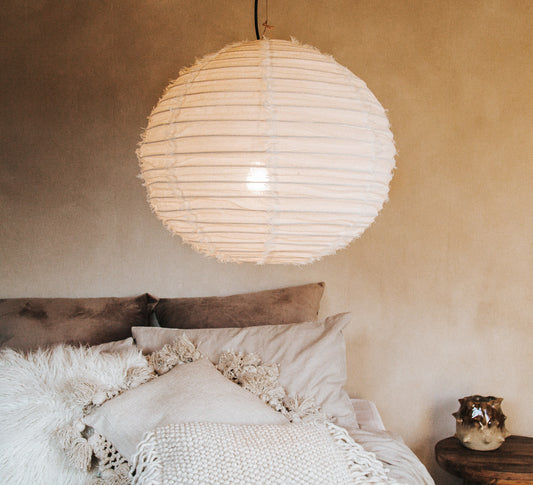 boho halo round 60cm fringed linen designer lightshade pendant light bamboo and natural linen fabric
