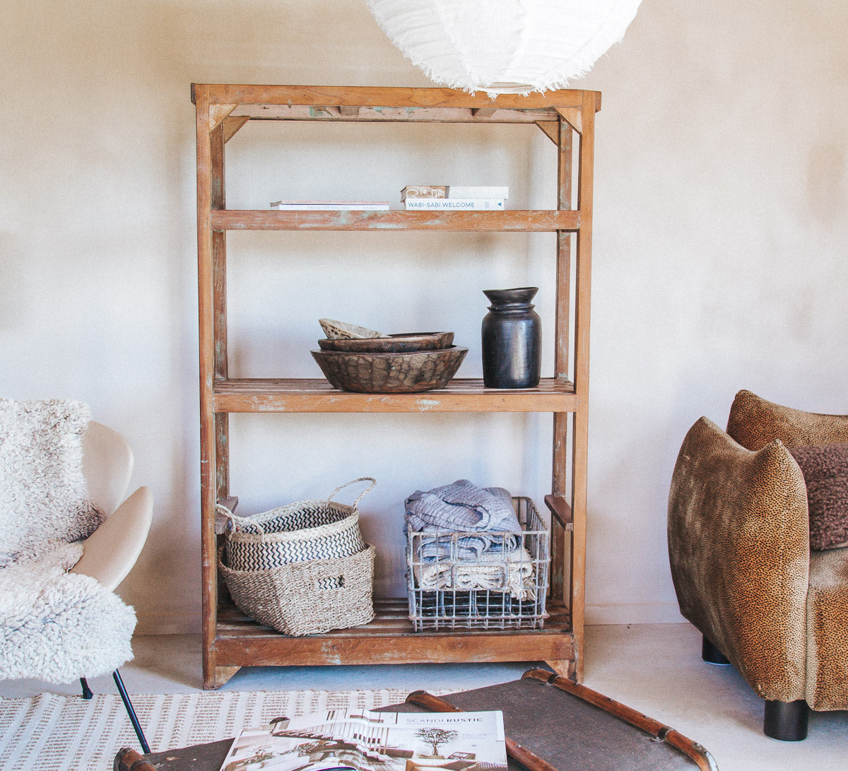 vintage reclaimed wood timber bakers rack shelving with slatted shelves
