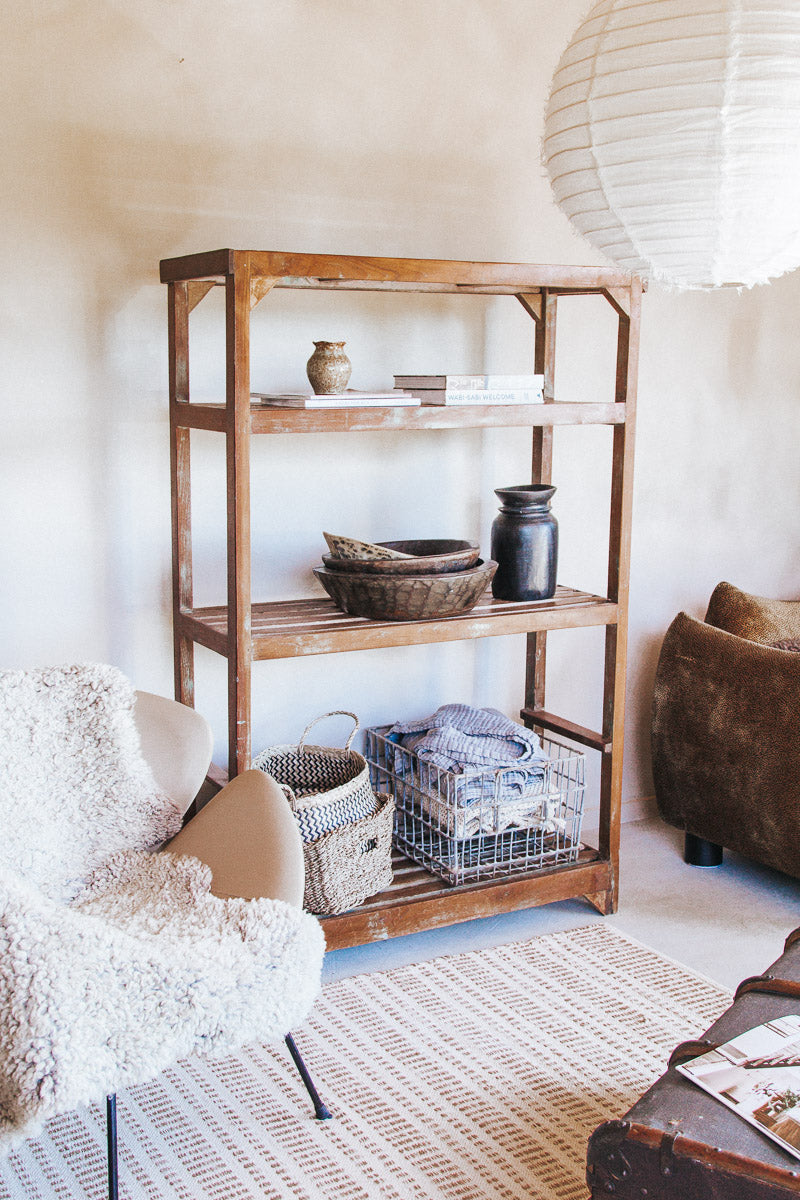 vintage reclaimed wood timber bakers rack shelving with slatted shelves