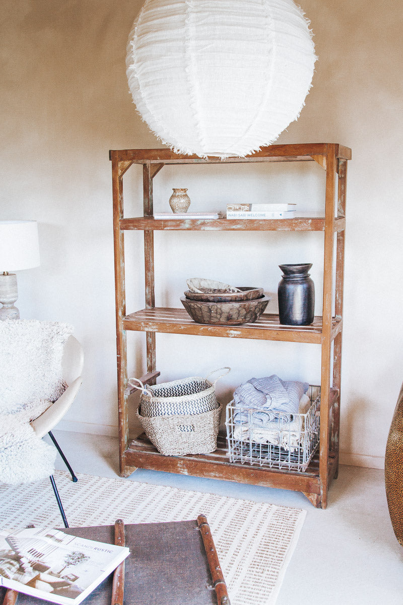 vintage reclaimed wood timber bakers rack shelving with slatted shelves