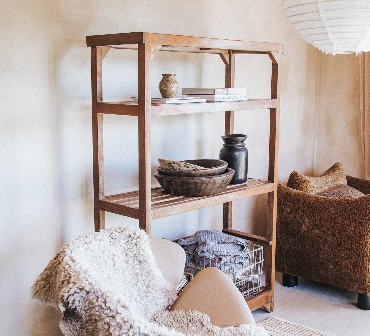 vintage reclaimed wood timber bakers rack shelving with slatted shelves
