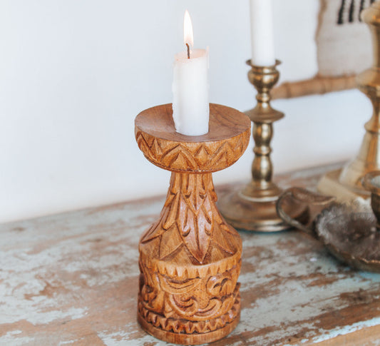 vintage ethnic wooden carved candle holder