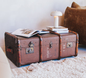 vintage boho antique canvas travel trunk with wooden runners and brass metal corners