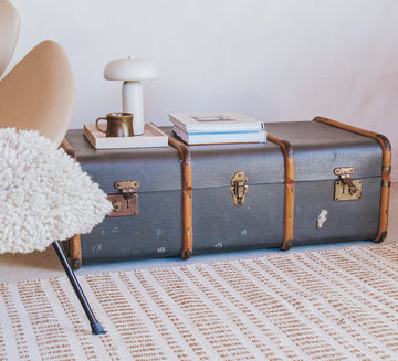 vintage boho antique canvas travel trunk with wooden runners and brass metal corners