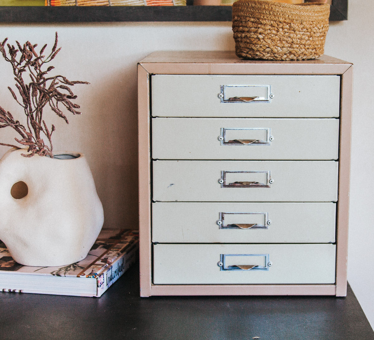 vintage boho industrial metal filing drawers