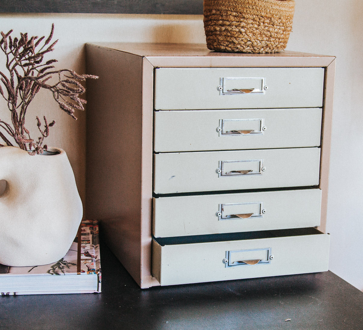 vintage boho industrial metal filing drawers