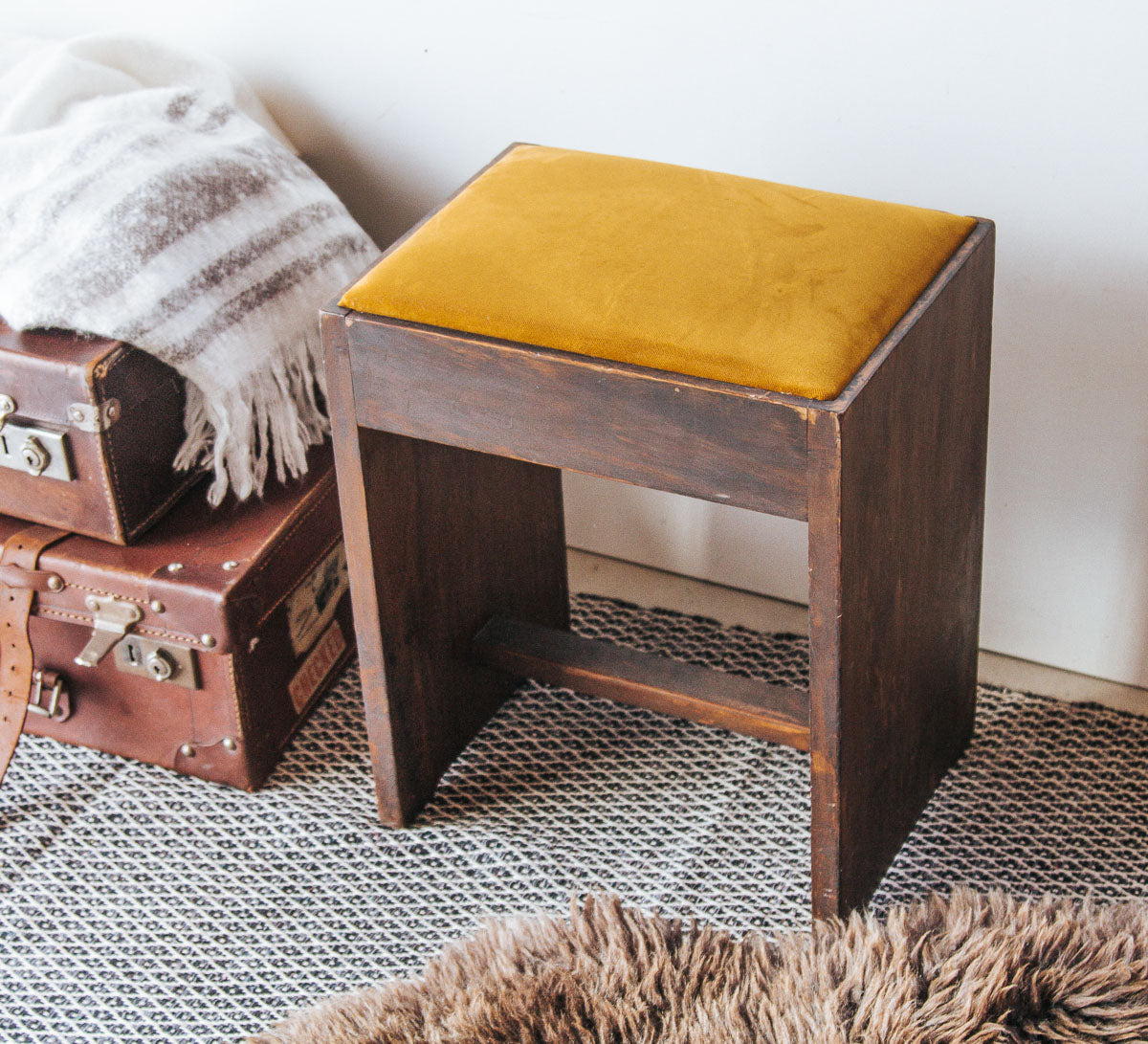 vintage boho wooden stool with burnt mustard gold velvet seat
