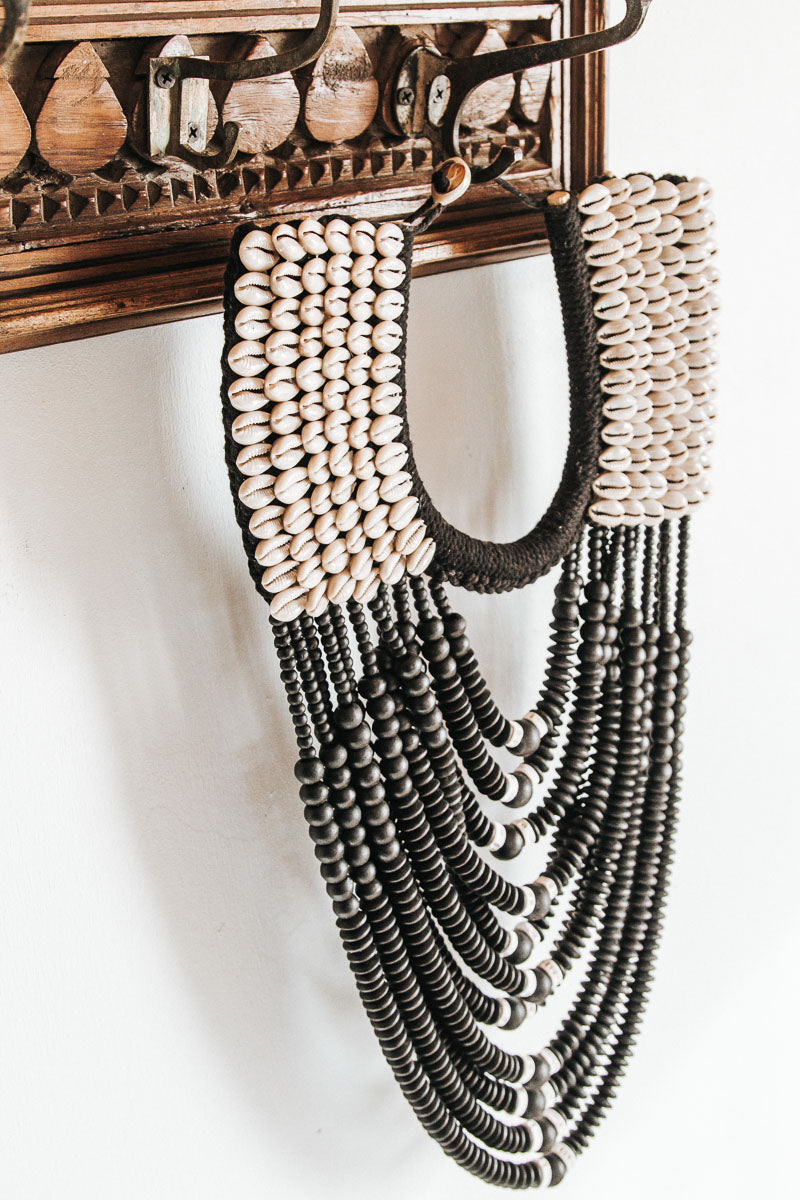 boho indonesian bali wooden papua bead necklace with shells