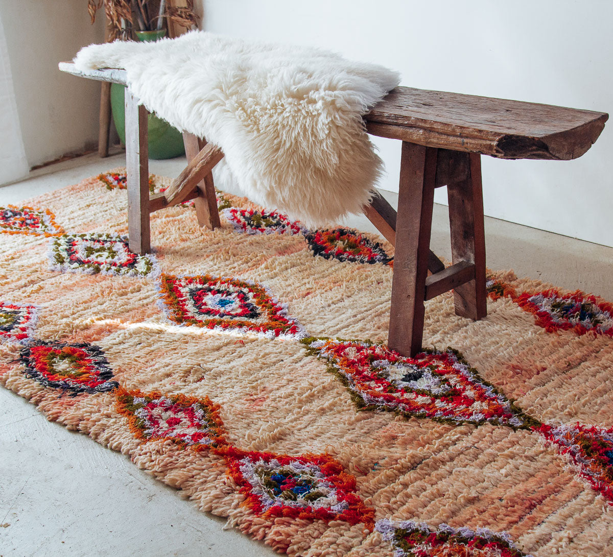 vintage boujaad moroccan rug made from wool boho peach bohemian dusky rose bohzali design
