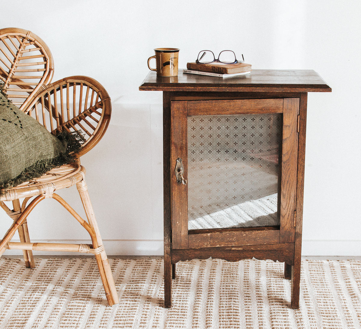 vintage boho wooden oak storage cupboard with brass handle