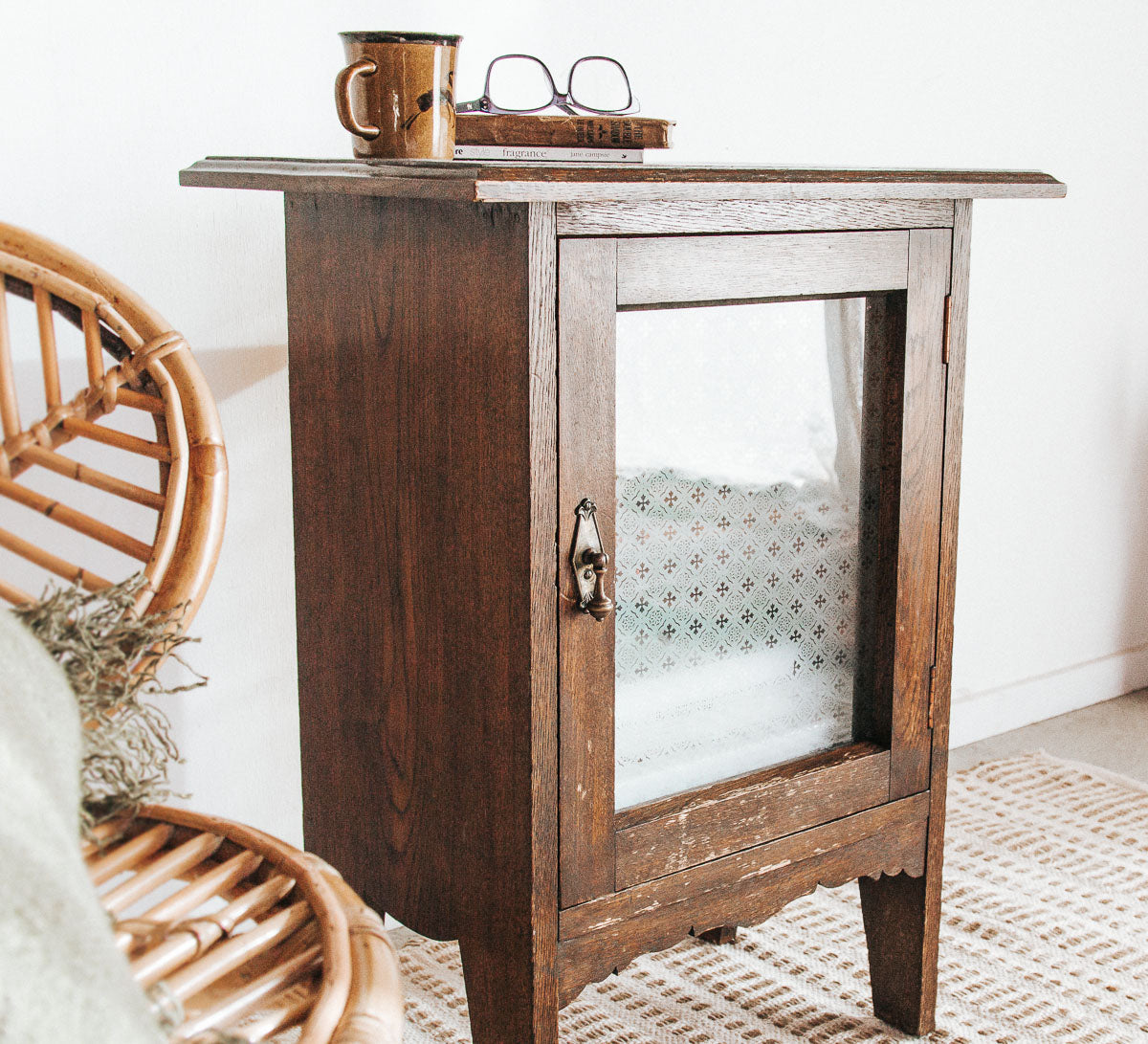 vintage boho wooden oak storage cupboard with brass handle