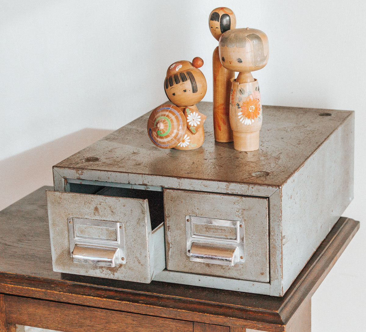 vintage boho metal industrial filing catalogue drawers