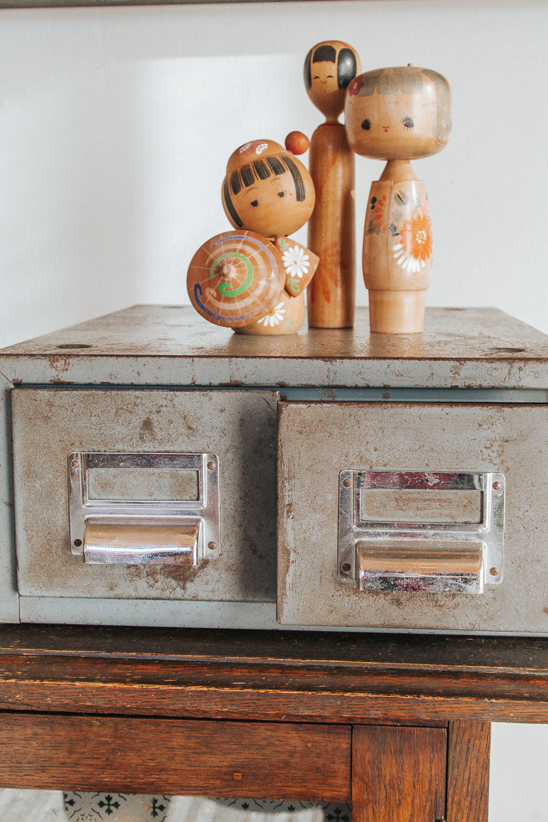 vintage boho metal industrial filing catalogue drawers
