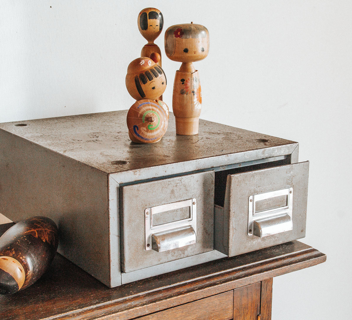 vintage boho metal industrial filing catalogue drawers