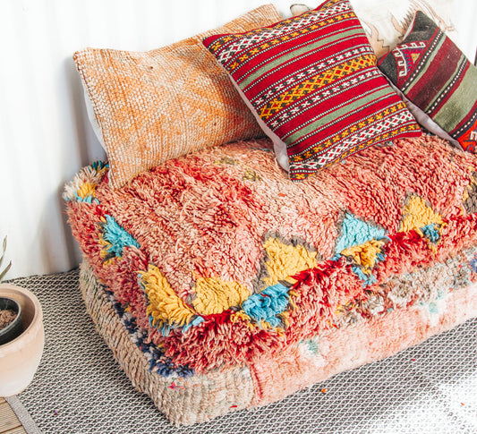 vintage boho moroccan wool floor cushion double  pouf in bright coours