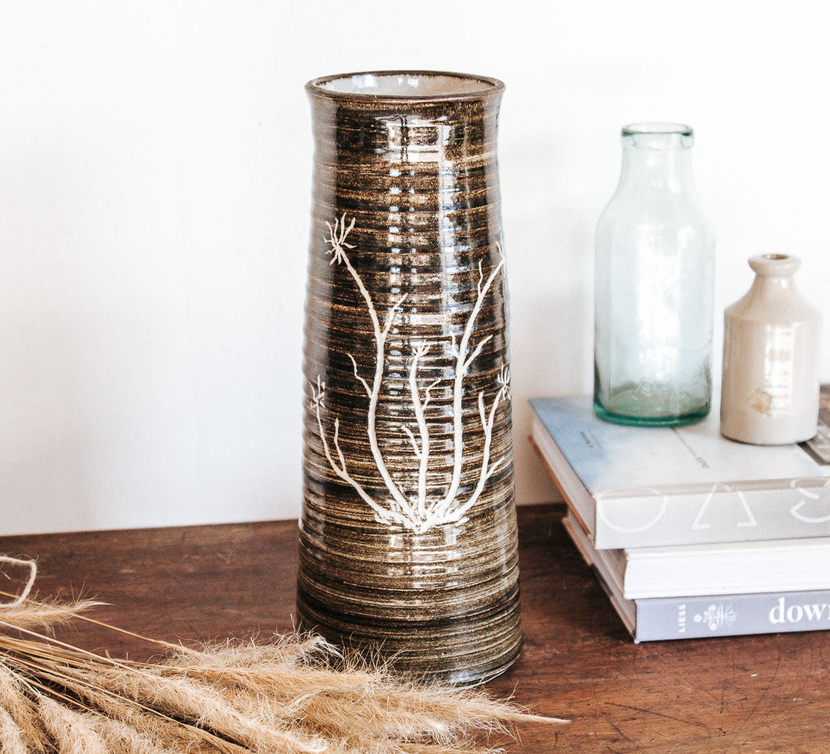 vintage studio pottery vase with etched design in earthy tobacoo colours boho style 