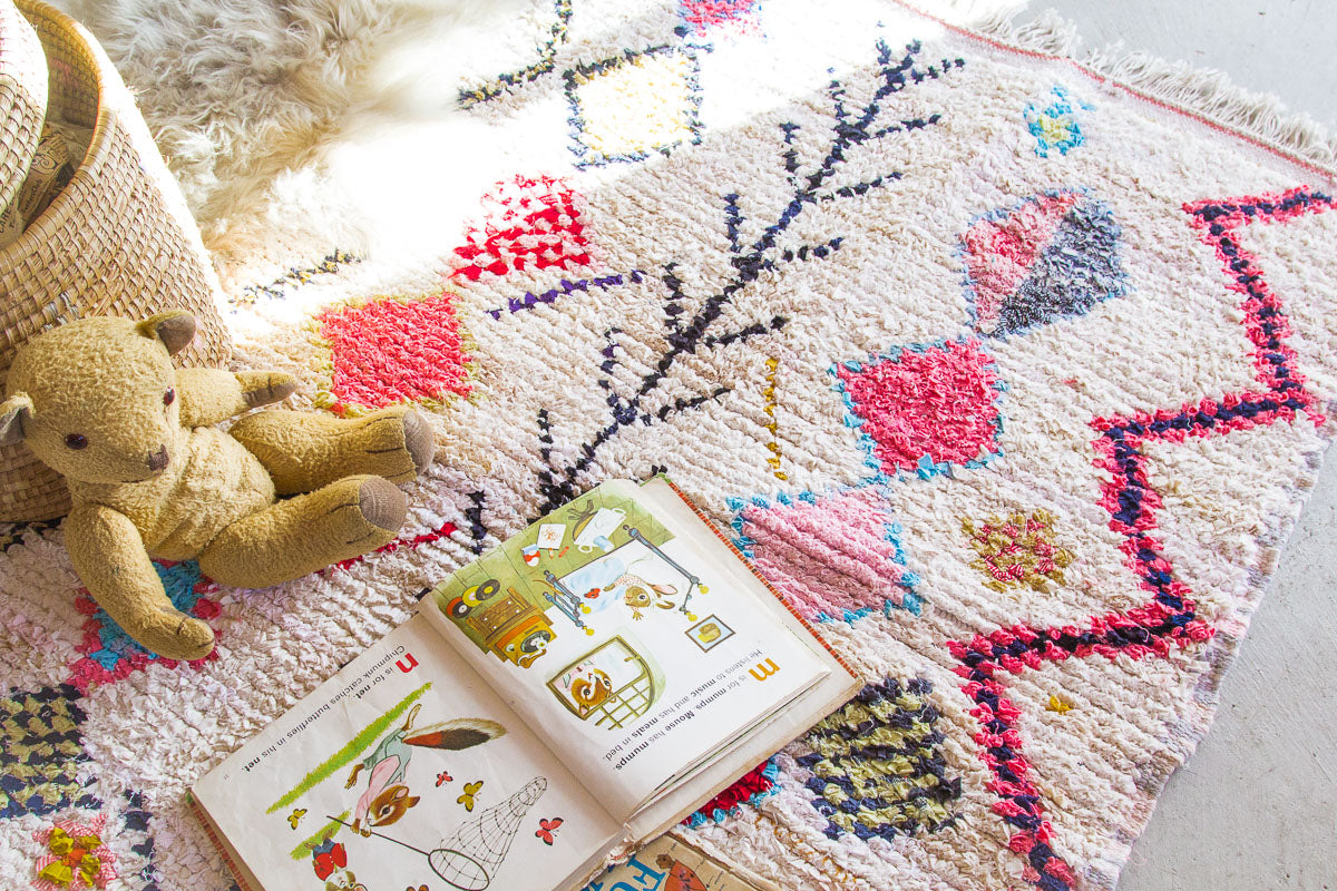 vintage boucherite moroccan rug for childrens bedroom