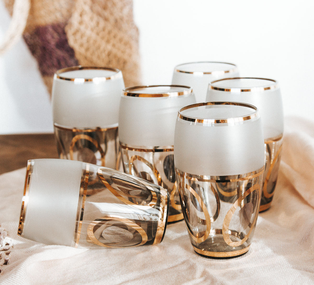 vintage boho smoky glasses with gold leaf design and frosted and gold rim