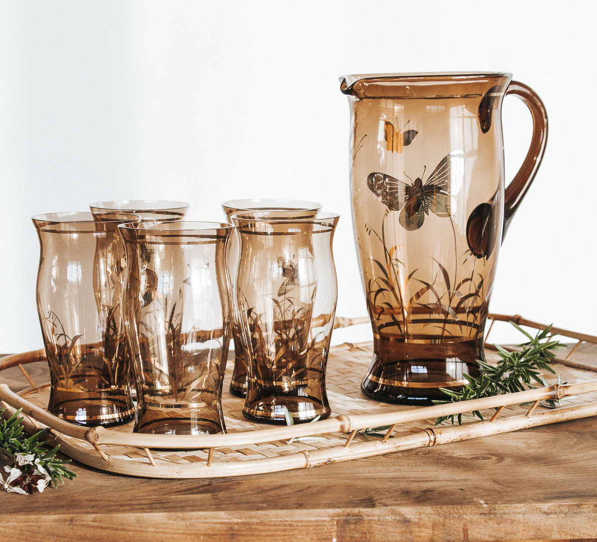 vintage boho smoked amber gold glass jug and glasses set with gold butterfly pattern