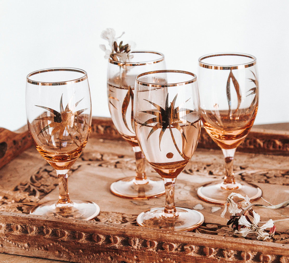 vintage boho blush and gold liqueur shot glasses